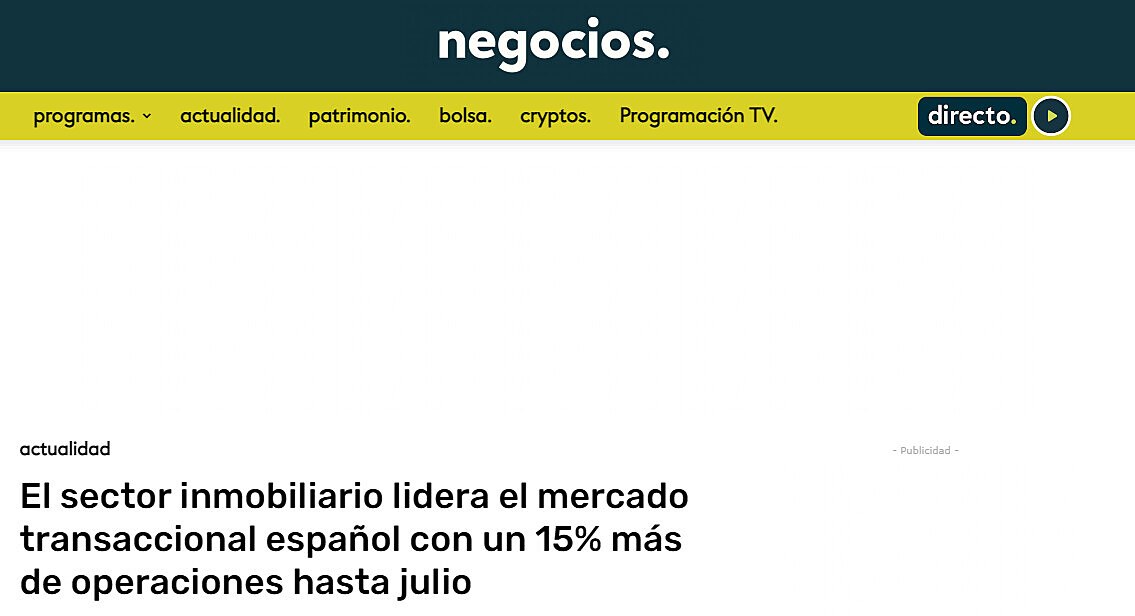 El sector inmobiliario lidera el mercado transaccional espaol con un 15% ms de operaciones hasta julio